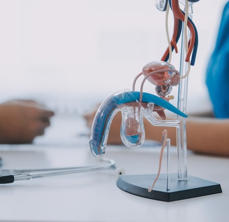 Doctor uses anatomical model to explain male urinary system. Model labeled with parts, doctor points and explains how they work together for urinary function, ensuring patient comprehension. iStock 2152147416